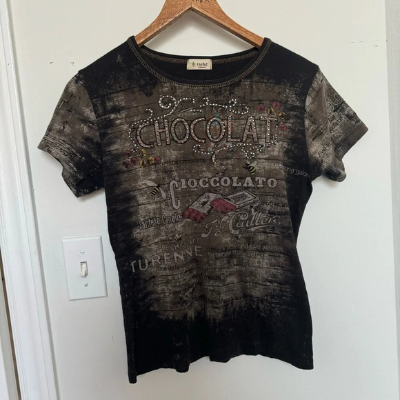 Vintage Y2K chocolate rhinestone  bling tee shirt M - Picture 3 of 5